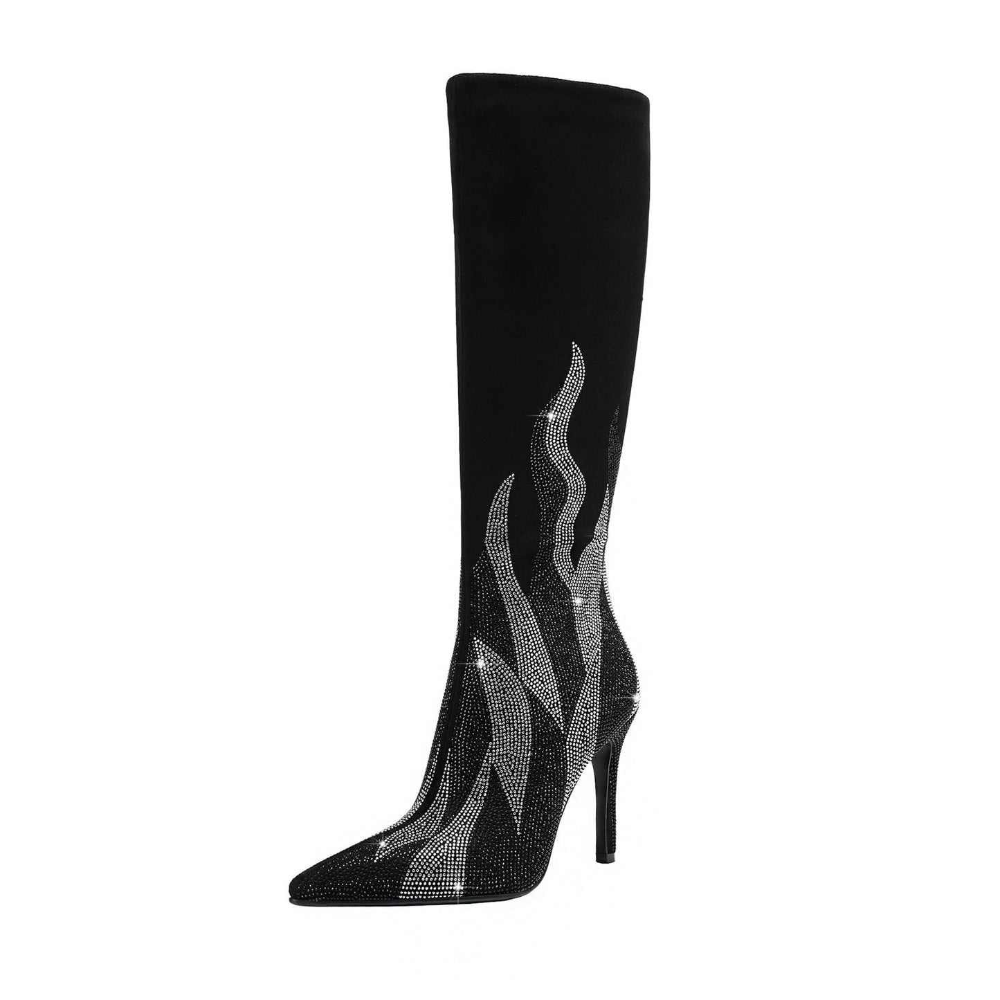 Black and Silver Flaming Hot Knee High Boots
