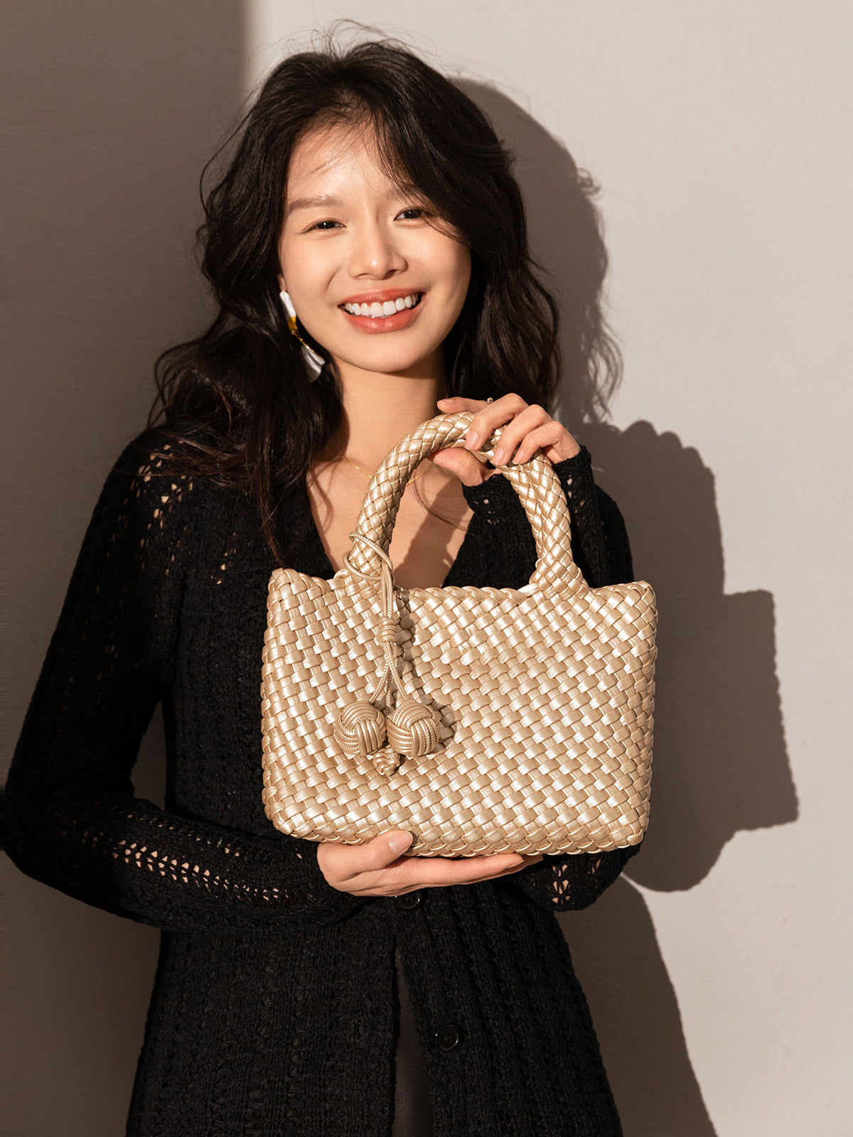 Happy Mini Woven Leather Top Handle Bag