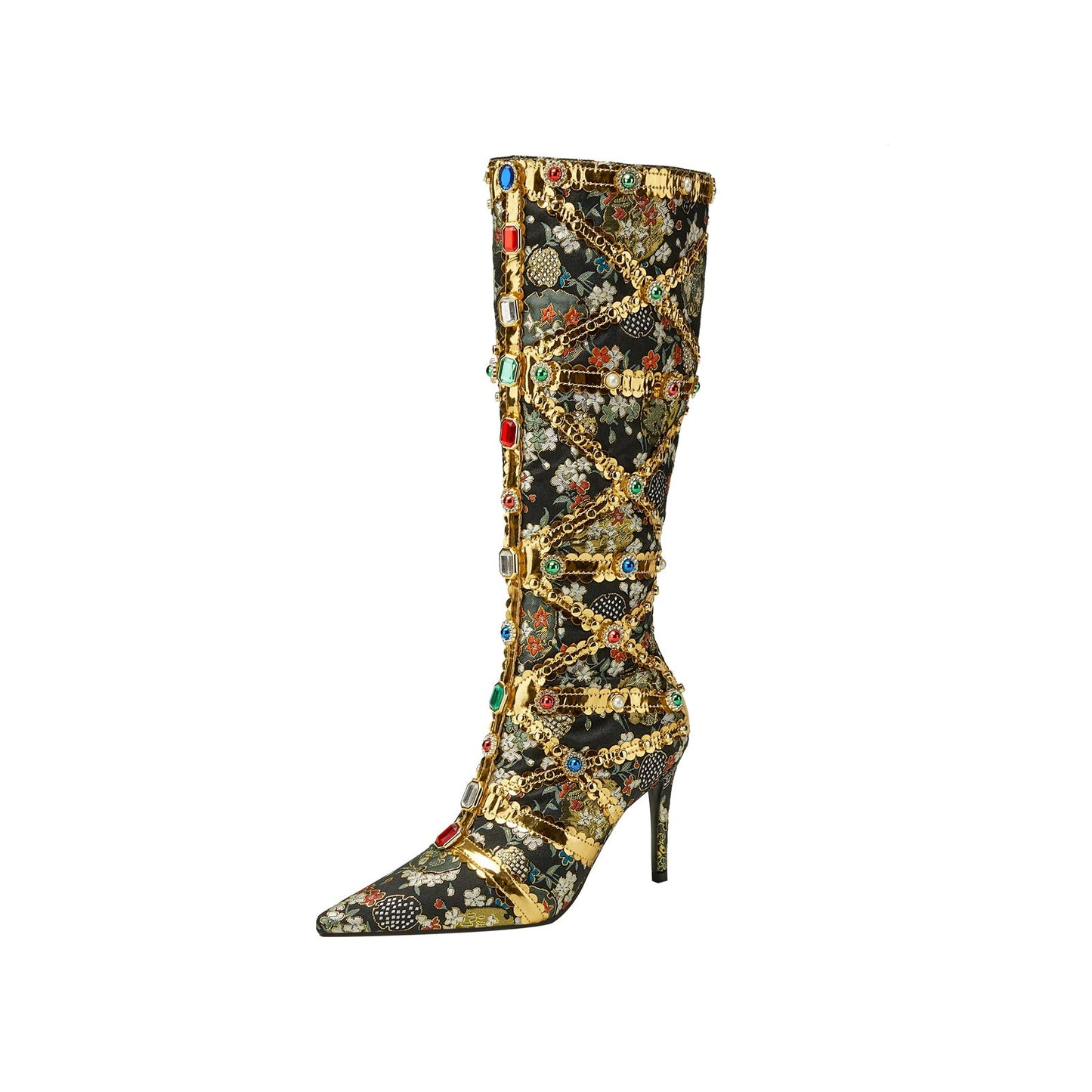 Haute Couture Golden and Crystal Encrusted Knee High Boots