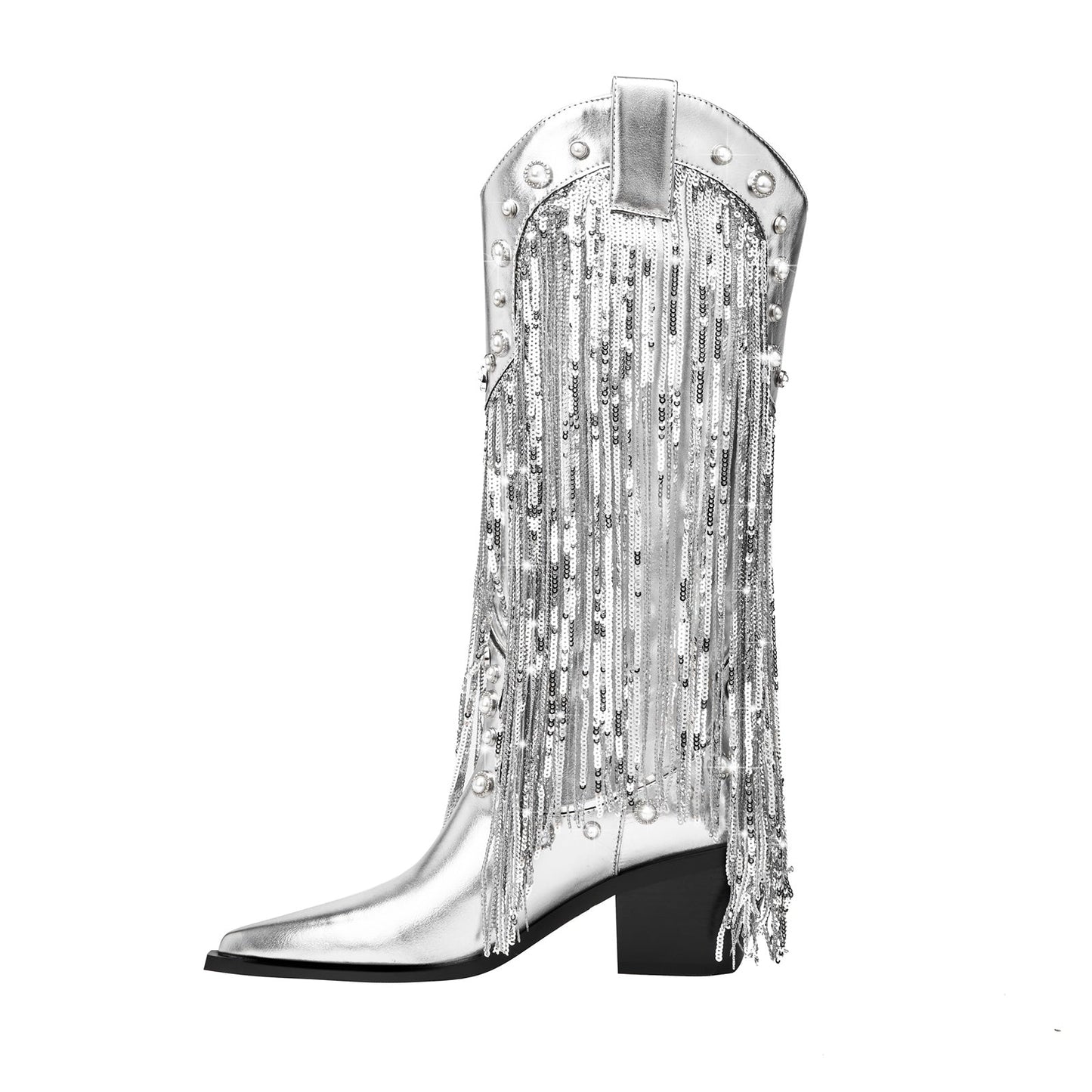 Silver Fringe Cowboy Knee High Boots