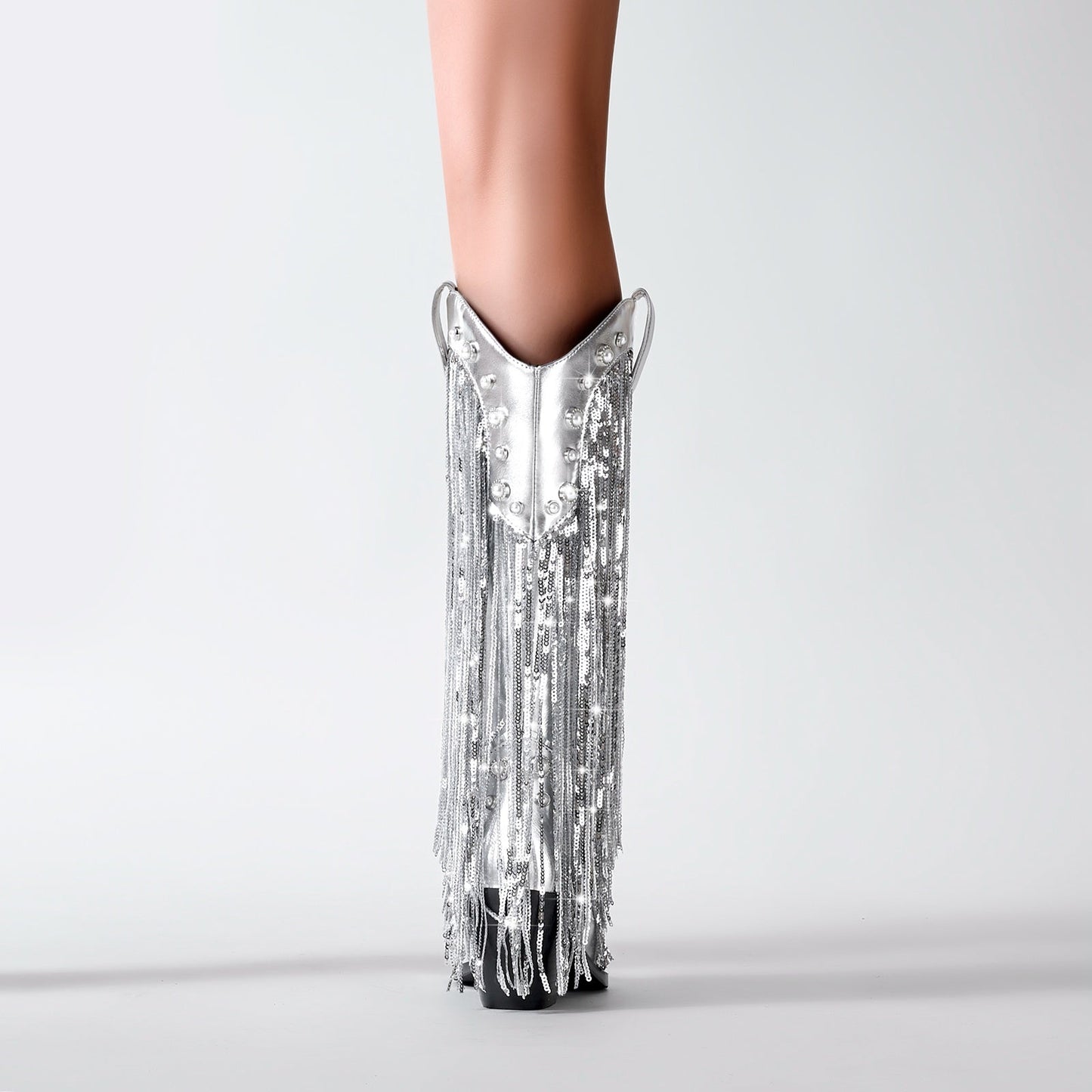 Silver Fringe Cowboy Knee High Boots