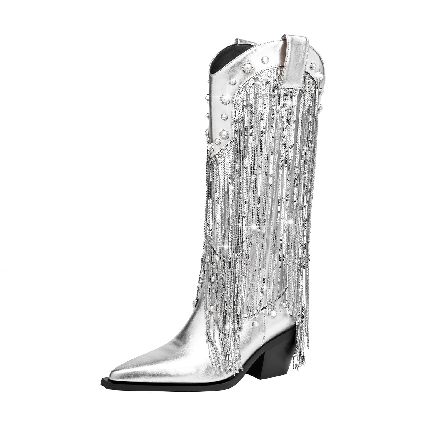 Silver Fringe Cowboy Knee High Boots