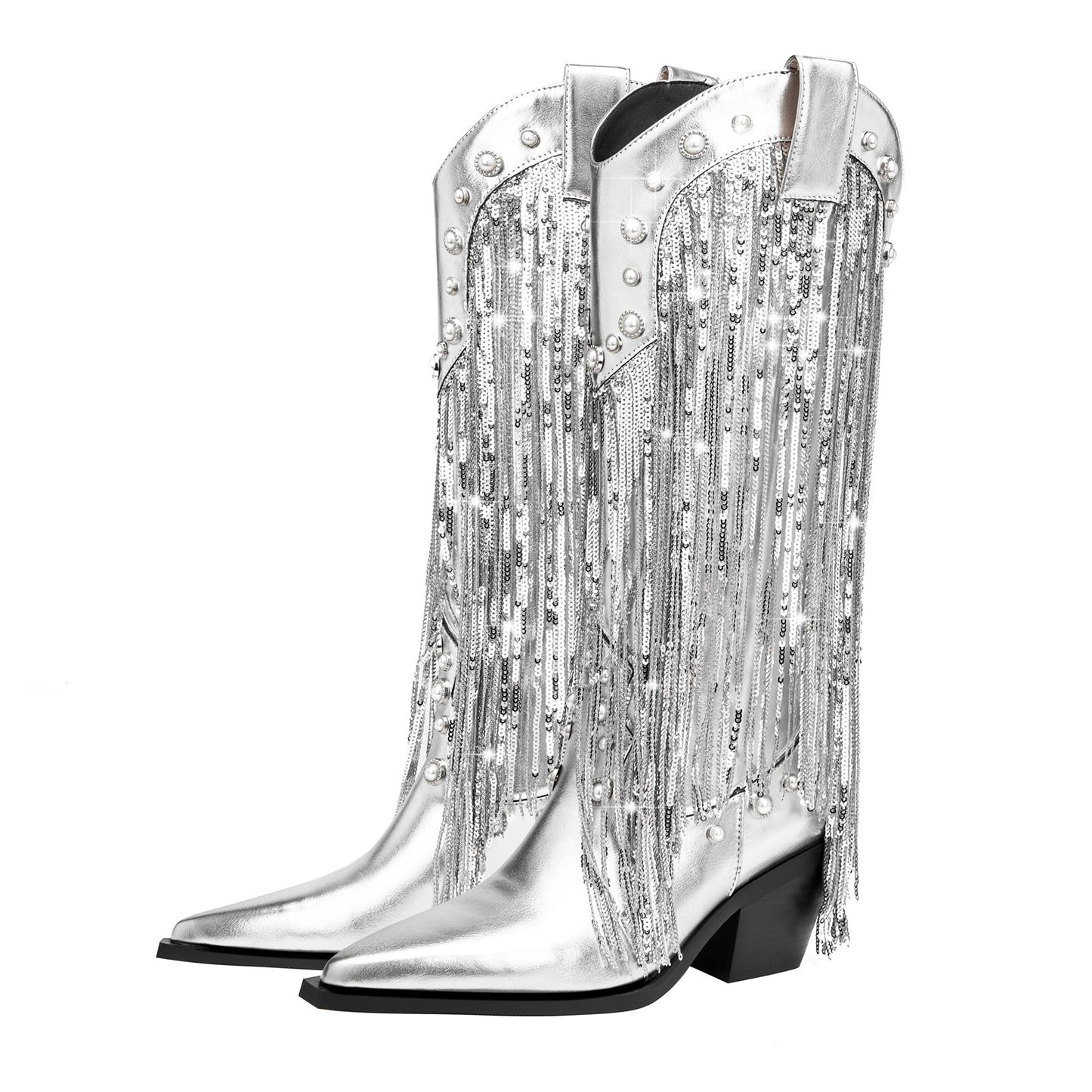 Silver Fringe Cowboy Knee High Boots