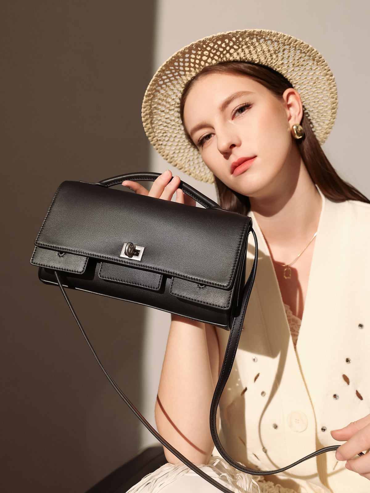 Structured Black Rectangular Satchel Clutch Bag