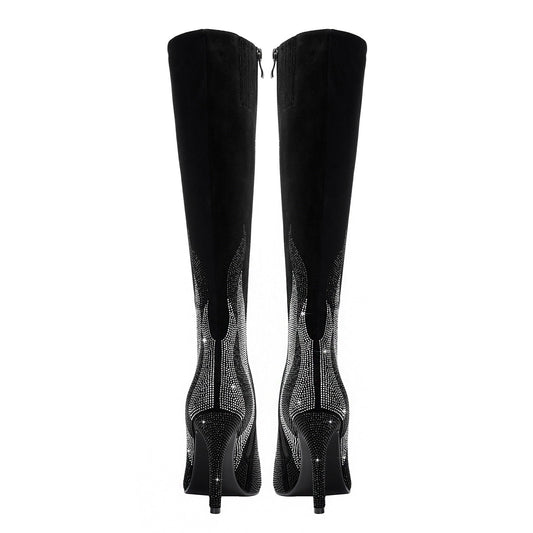 Black and Silver Flaming Hot Knee High Boots