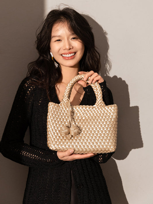 Happy Mini Woven Leather Top Handle Bag