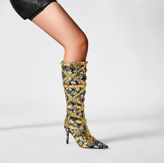 Haute Couture Golden and Crystal Encrusted Knee High Boots