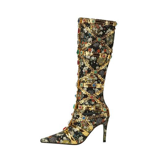 Haute Couture Golden and Crystal Encrusted Knee High Boots