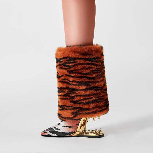 Orange Tiger Fur Wrap Bite Heel Ankle Boots