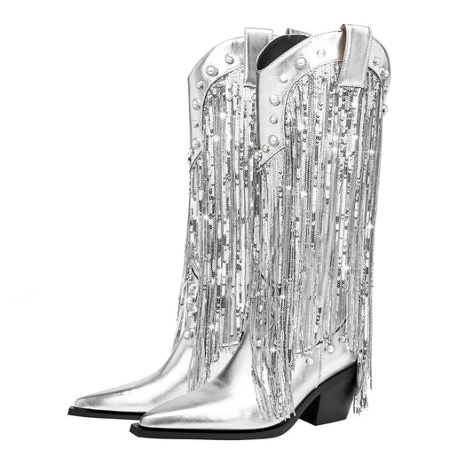 Silver Fringe Cowboy Knee High Boots