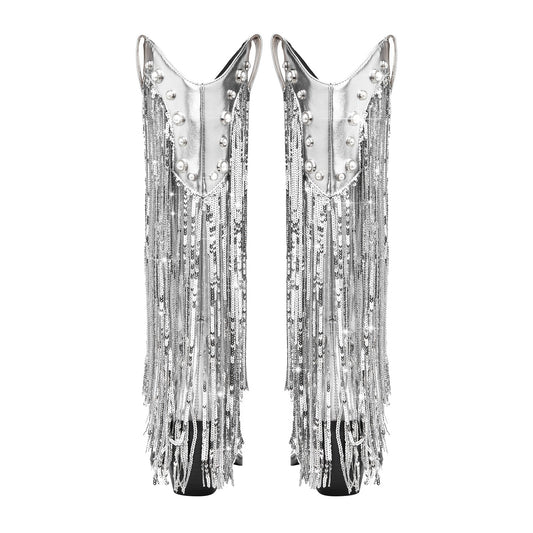 Silver Fringe Cowboy Knee High Boots